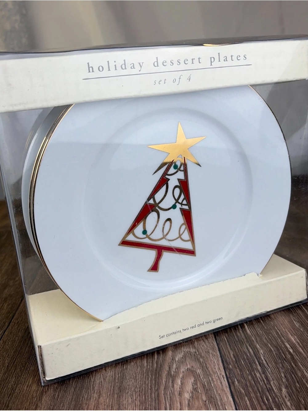 Set of 4 Pier 1 Green & Red 7" Christmas Tree Plates Gold Trim Salad/Dessert